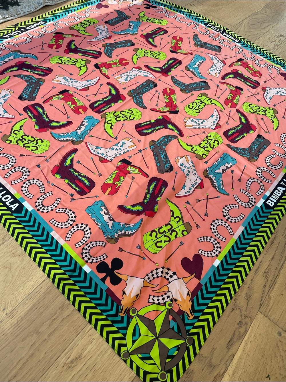 Bimba Y Lola Coral Boot-Print Silk Scarf with Neon Accents